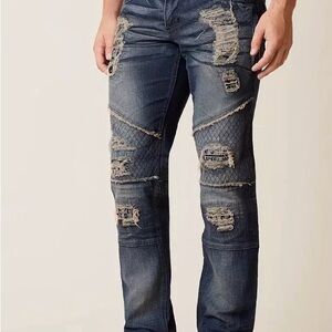 Distressed Men affliction moto patch zipper pocket stretch jeans 30x30